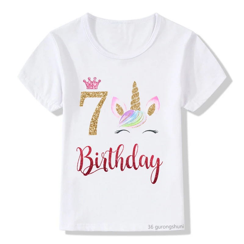 Camiseta con estampado de corona de unicornio para ni&ntilde;os, 5, 6, 7, 8, regalo de cumplea&ntilde;os para ni&ntilde;as, camisetas de verano, camisetas gr&aacute;ficas-2