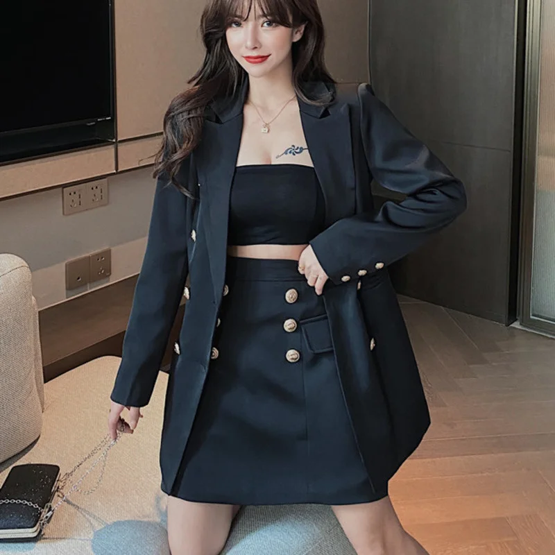 

Korean Fashion Ol Two Piece Set Women Long Sleeve Blazer Coat + Skirts Sets Autumn Winter Ladies 2 Piece Suits Ensemble Femme