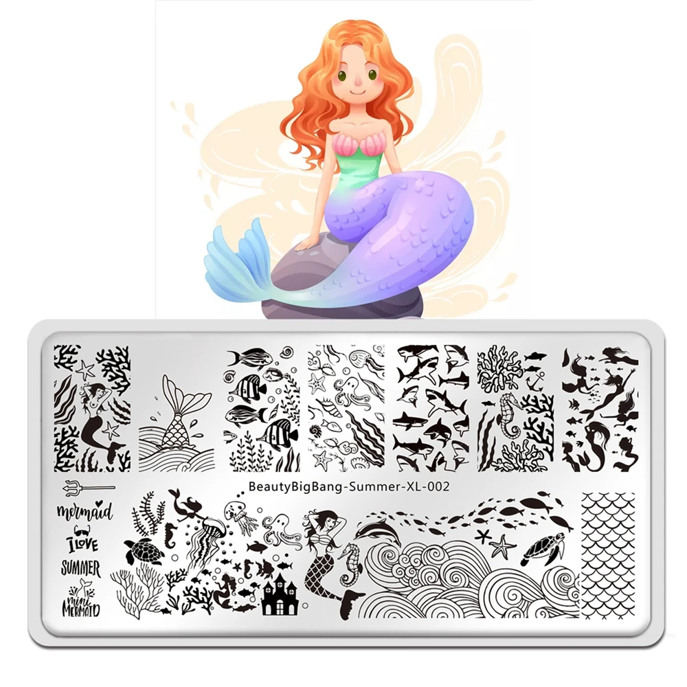 

Beautybigbang Nail Art Stamping Plates Mermaid Wave Shark Sea Image 6*12cm Stainless Steel Stamp Template Summer XL-002
