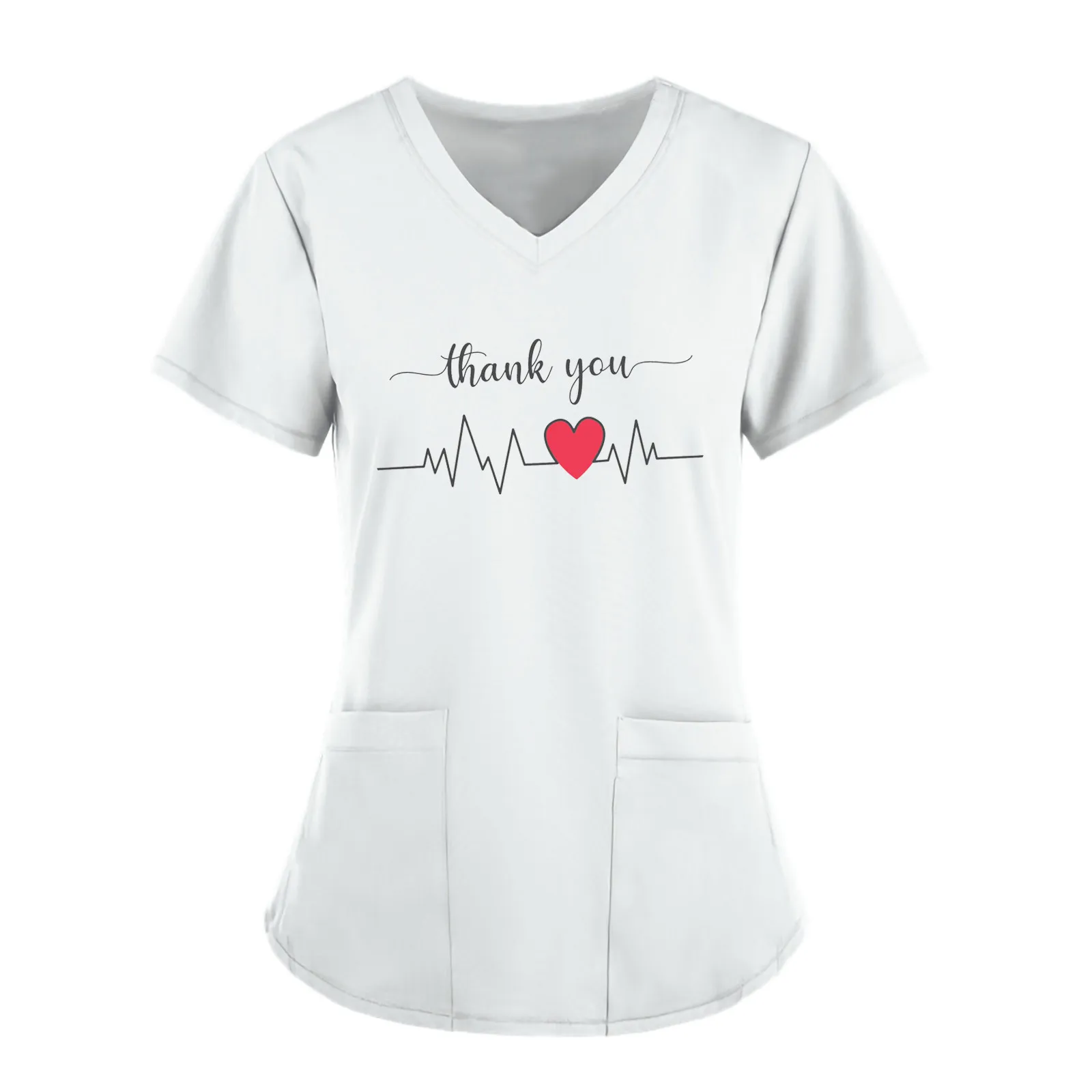 

Ladies Love Short Sleeve V-neck Pocket Carer Top with Uniform Solid Color Heartbeat Print Pocket Top D*