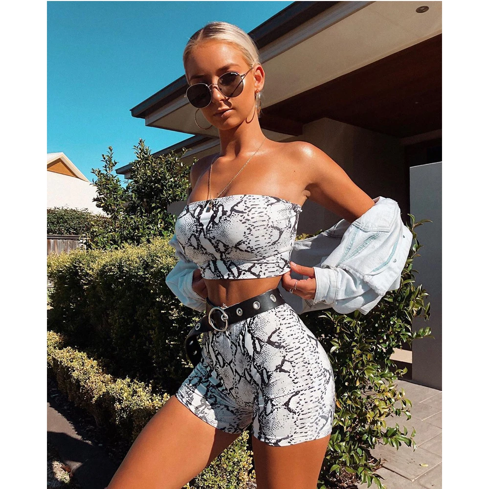 

Women's Set Clothing Summer Sleeveless Snake Print Crop Top Tube Shorts 2PCs Set Swimwear Beach Sexy Bikini Wear