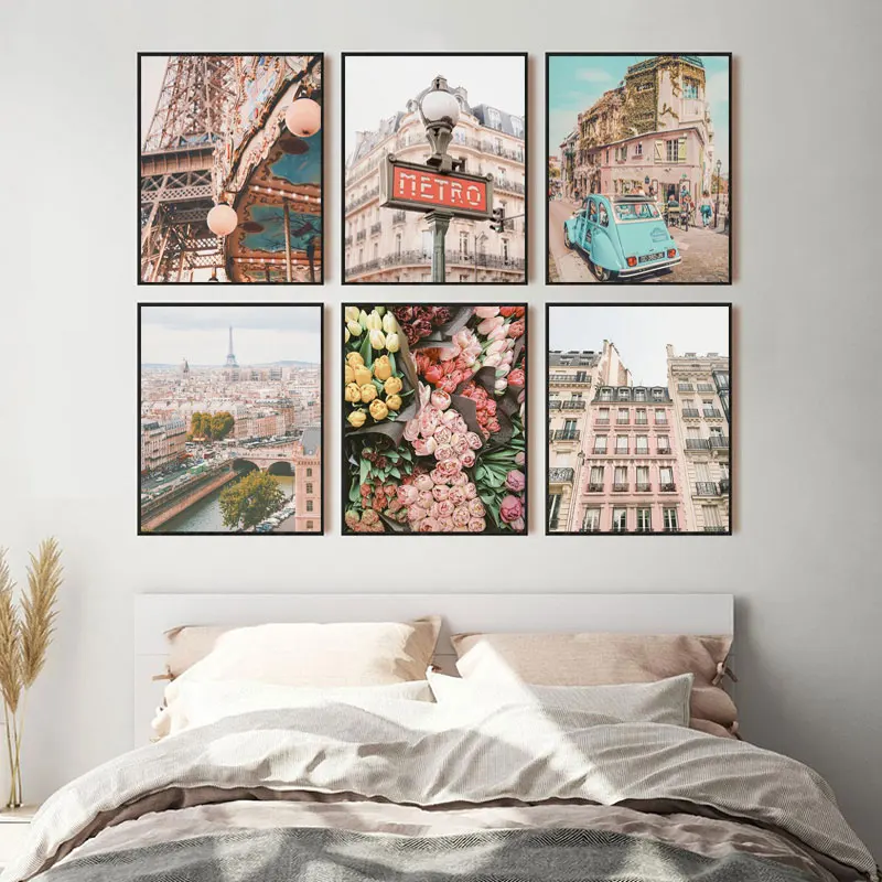 

Scandinavian Style Paris Streetscape Wall Art City Landscape Canvas Prints Wall Decor Pictures for Living Room Canvas Art Poster