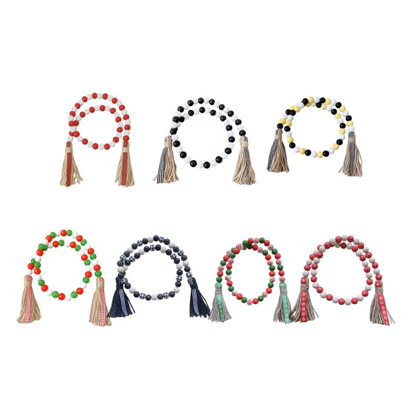 

Colour Wood Bead Garland With Tassels Rustic Farmhouse Tiered Tray Holiday Decorations Natural Country Xmas Home Decor
