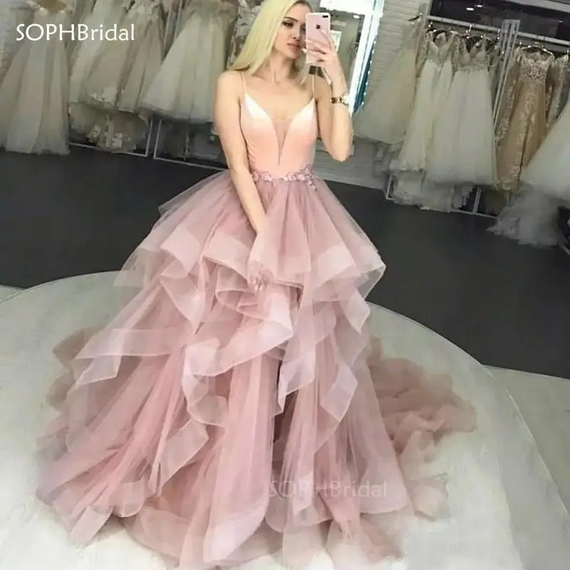 

New Arrival Trendy Spaghetti Strip Prom Dresses 2021 Ruffles Tulle Ball Gown Prom Gown Girl Masquerade Women Party Evening Dress