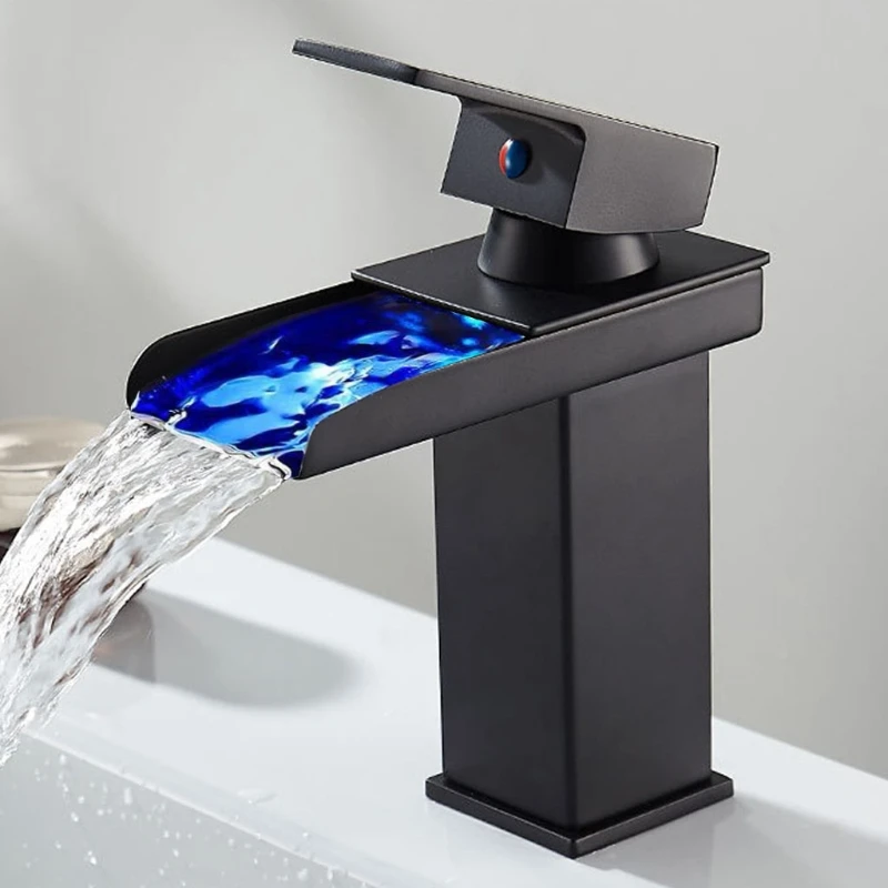 

LED Light Bathroom Sink Faucet 3 Colors Changing Waterfall Spout F2TB