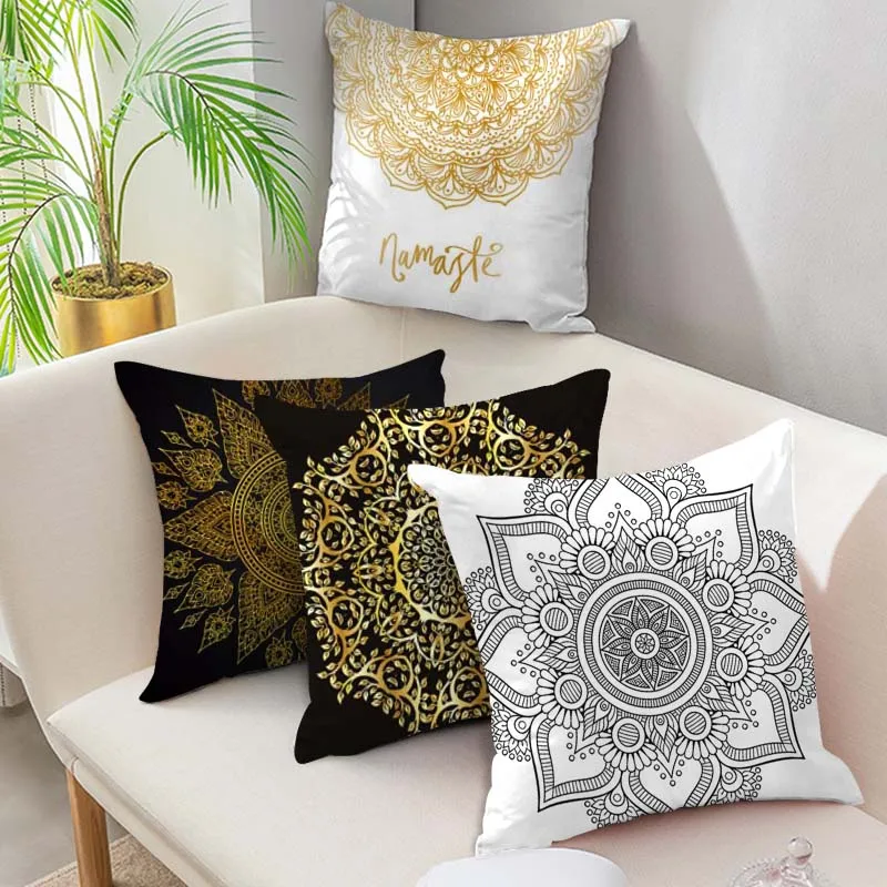 Чехол для подушки Fuwatacchi с рисунком мандалы черные золотые белые наволочки дивана