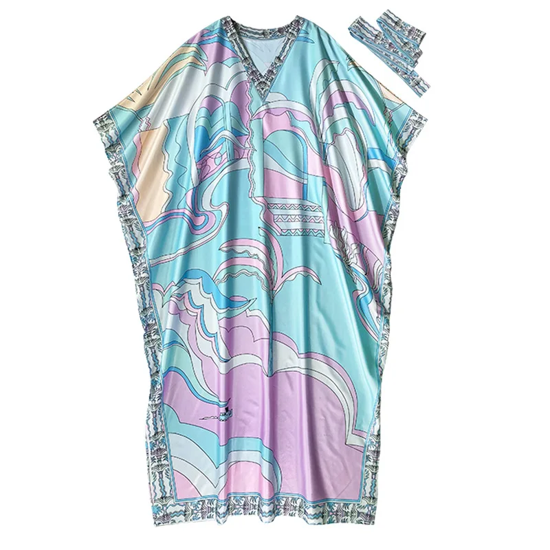 

2021 Summer New Maxi Dress Women Loose Plus Size Round Neck Dress Fashion Printed Batwing Sleeve Long Robe Floor-length Dress