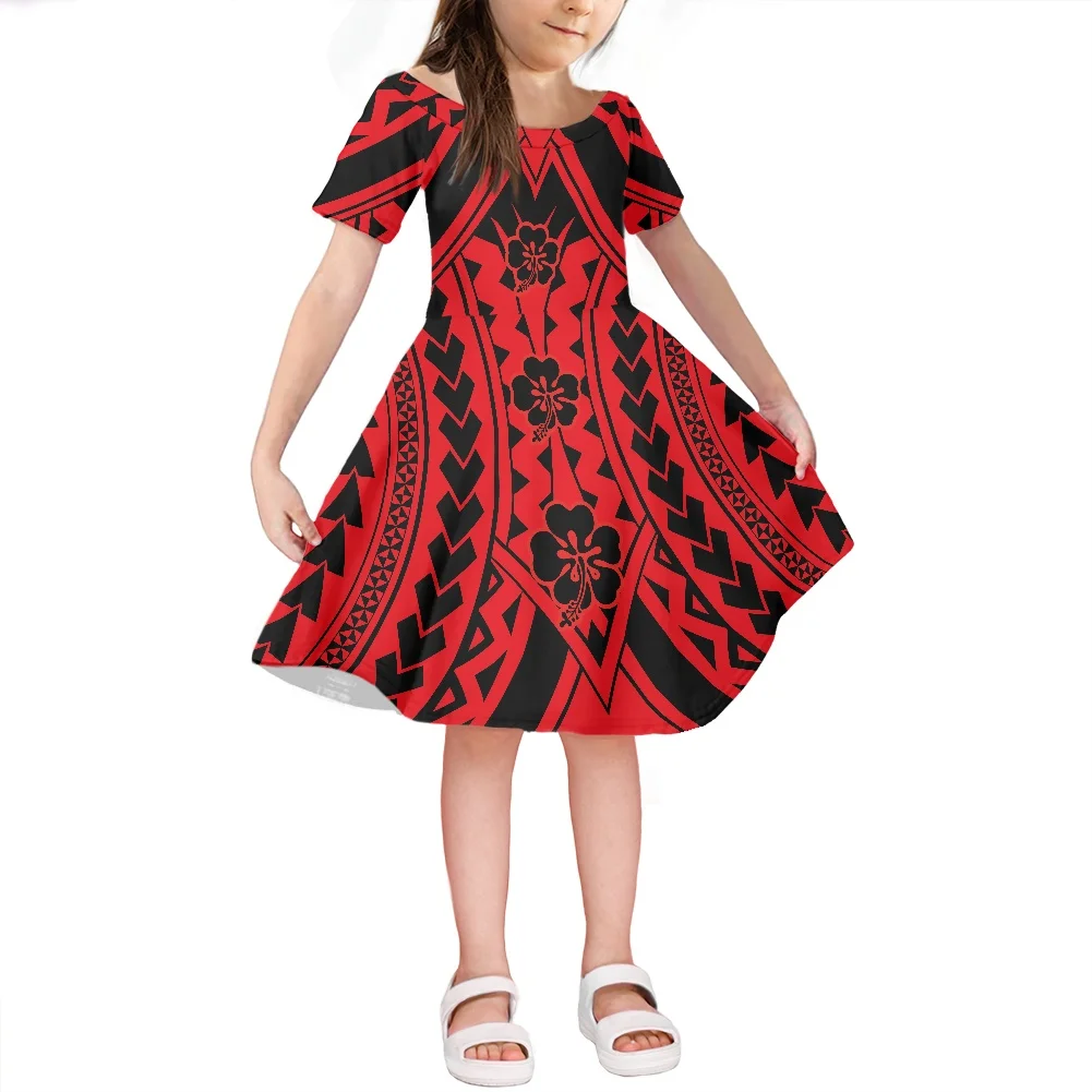

2021 New Summer Polynesian Tribal Vintage Tattoo Prints Girls Dress Round Neck Short Sleeve Cute Dress Kids Birthday Party