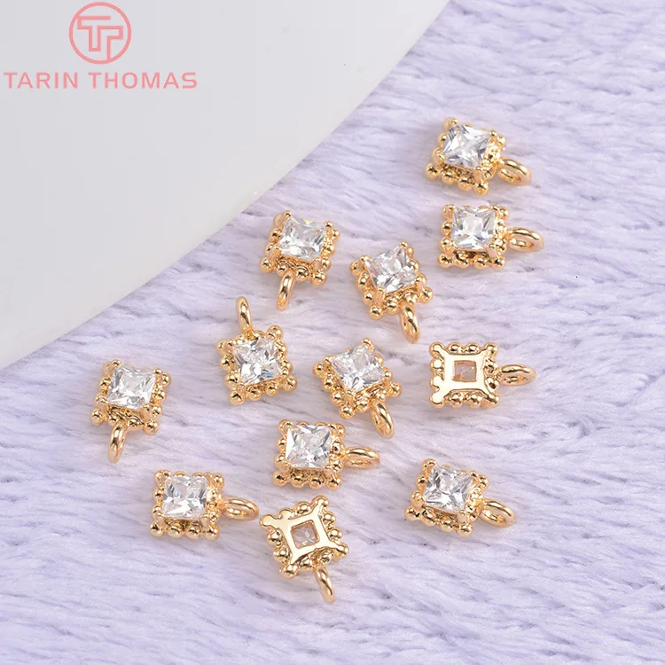 Латунные квадратные подвески с покрытием 24 каратным золотом и цирконом 6 шт. 5 х7