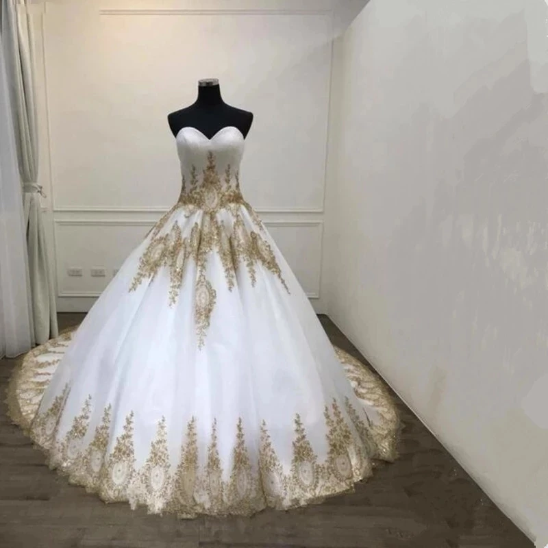 

Angelsbridep Sweetheart Tulle Ball Gown Wedding Dress 2021 Vestidos De Novia Gold Appliques Robe De Soire De Mariage Plus Size