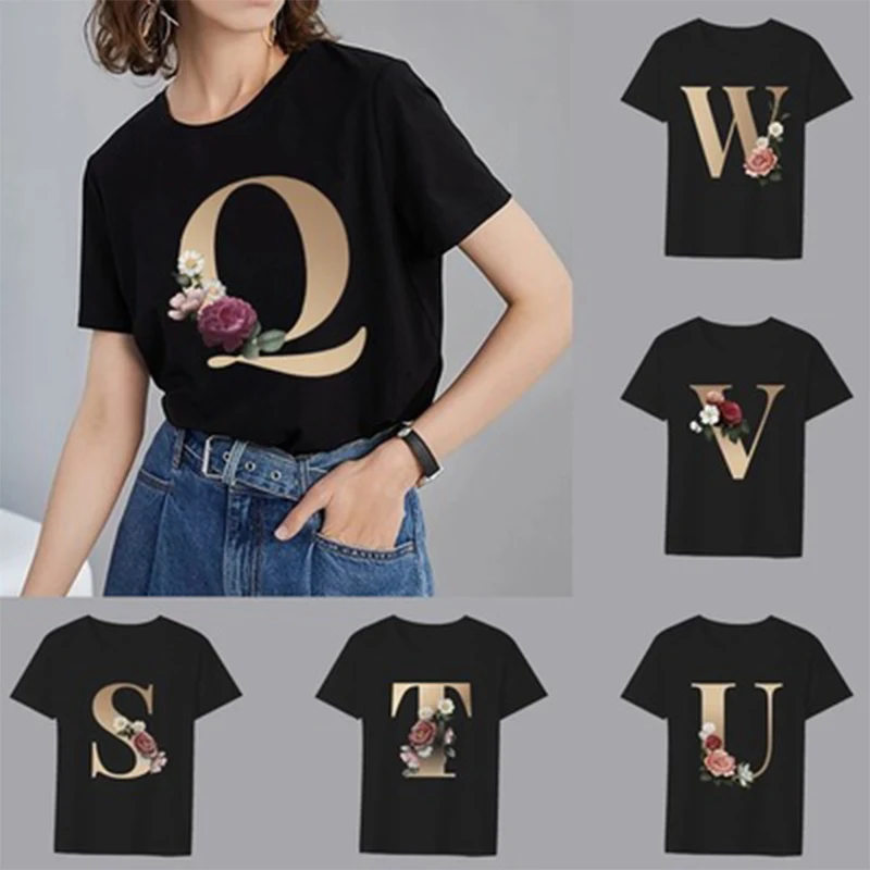

Maglietta da donna T-shirt black short sleeve 26 English letter flower printed 90s xxxx espanol traf office femme магазин store