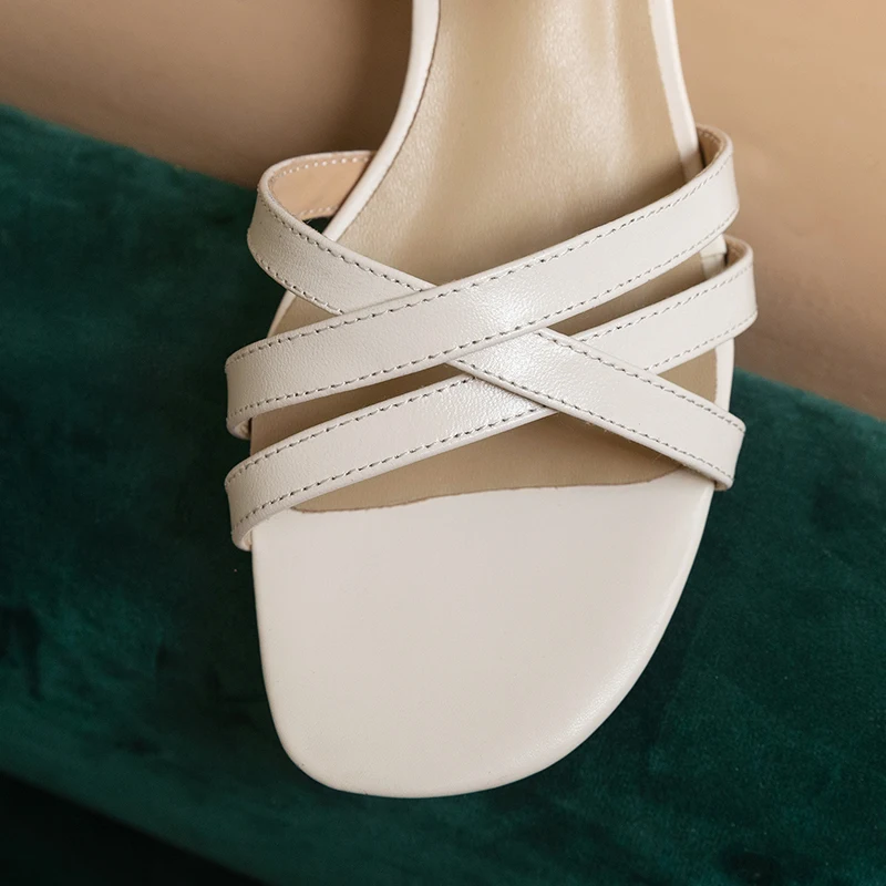 

GUIDIBASICWomen's Sandals Summer New 2021Women Mid Heel Shoes Summer Sandals Genuine Leather Off White Thin Belt Combination