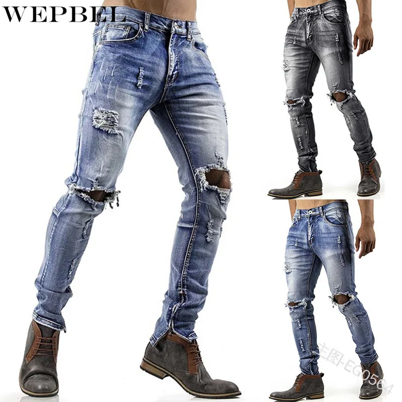 

WEPBEL Jeans Men's Casual Solid Color Ripped Slim Jeans Spring and Autumn Fashion Mid Waist Button Pocket Denim Pencil Pants