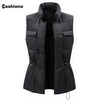 2021 autumn winter women solid pleated vest drawstring stand collar long vest jacket cotton padded coats stand pocket waistcoat