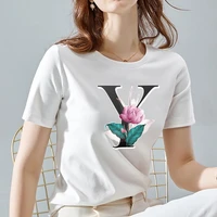 womens summer new fashion t shirt slim bottoming short sleeved white 26 flower english alphabet pattern womens polyester top
