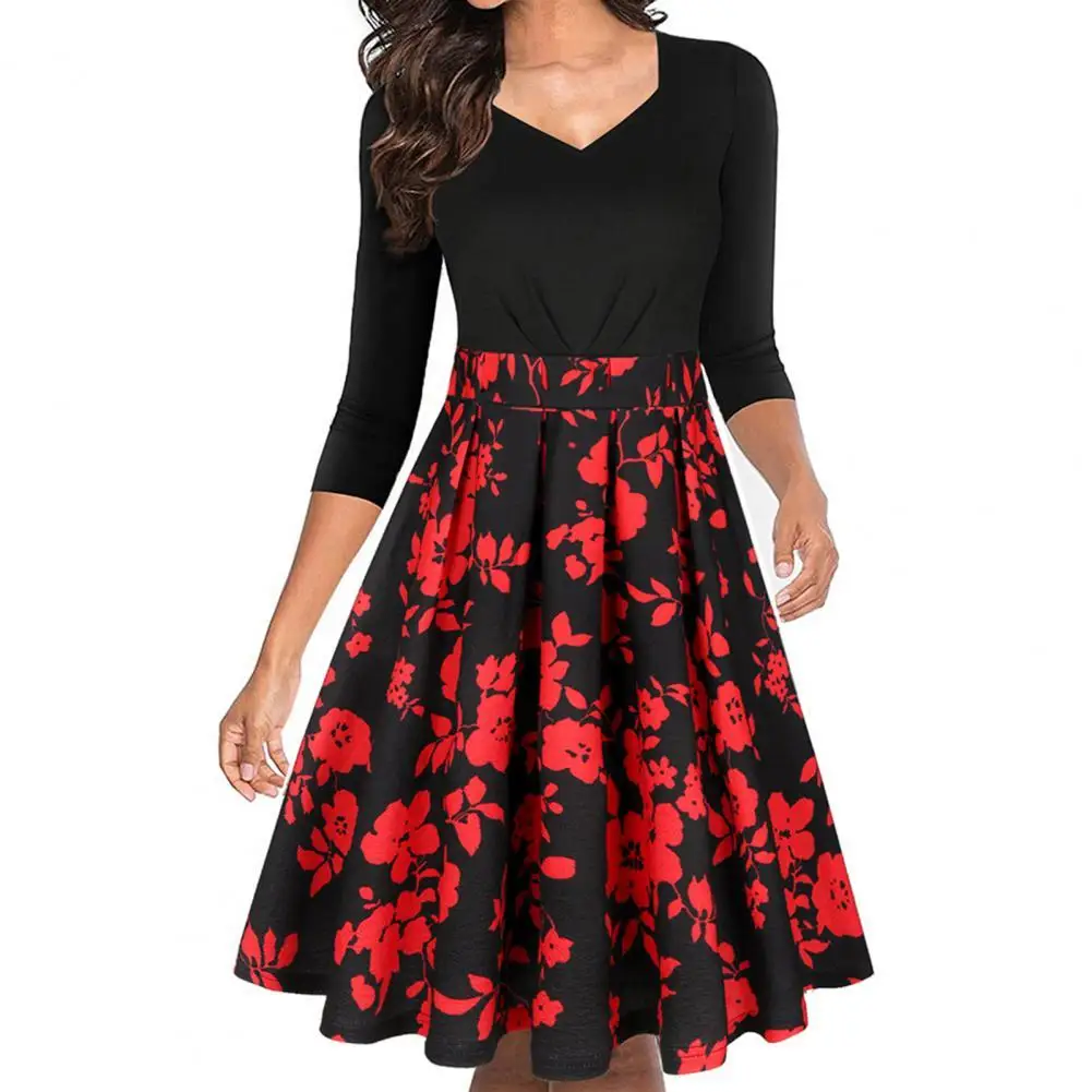 

Elegant Women Dress Floral Print Large Hem Spring Autumn Patchwork Knee Length Casual Dress for Office Female Clothing