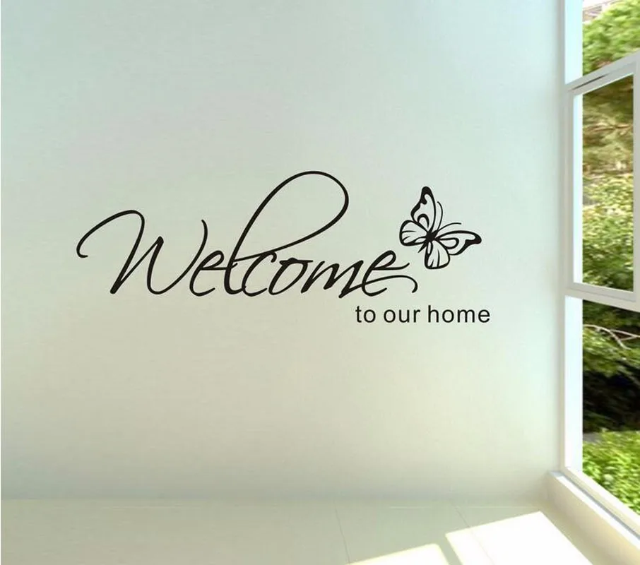 

'Welcome To Our Home' Text Patterns wall sticker home decor living room Decals wallpaper Bedroom Decorative butterfly Stickers