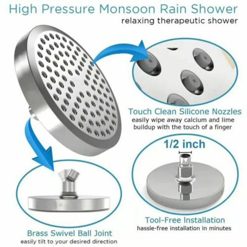

Round Shower Head Wall-Mounted With Adjustable Swivel Ball 6 Inch Chrome
