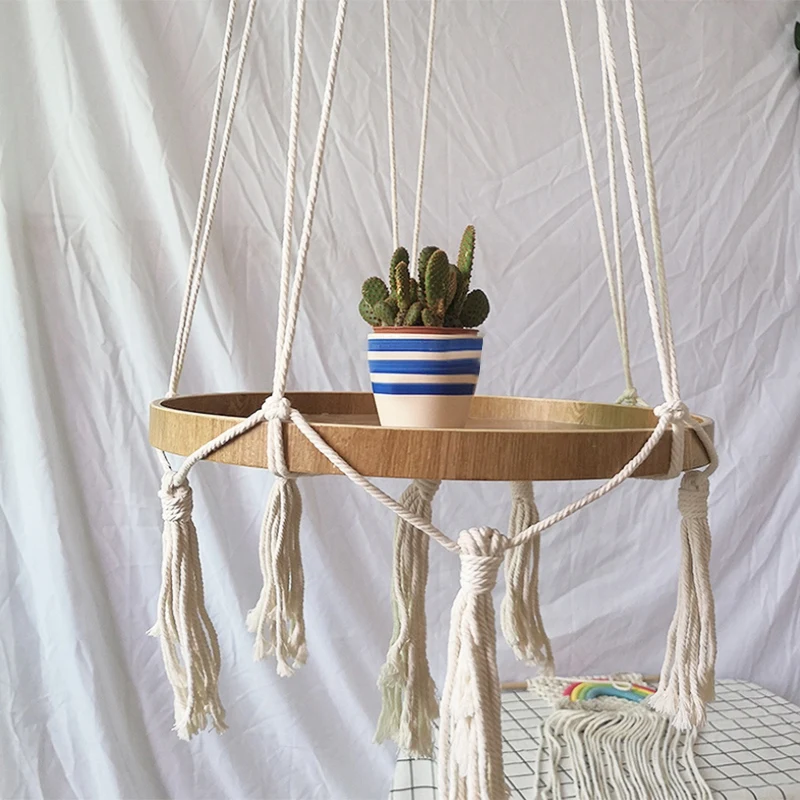 

Bohemia Macrame Hanging Plant Support Wood Shelf Plate Handmade Nordic Home Bedroom Decor Bed Side Small Stuff Organizer