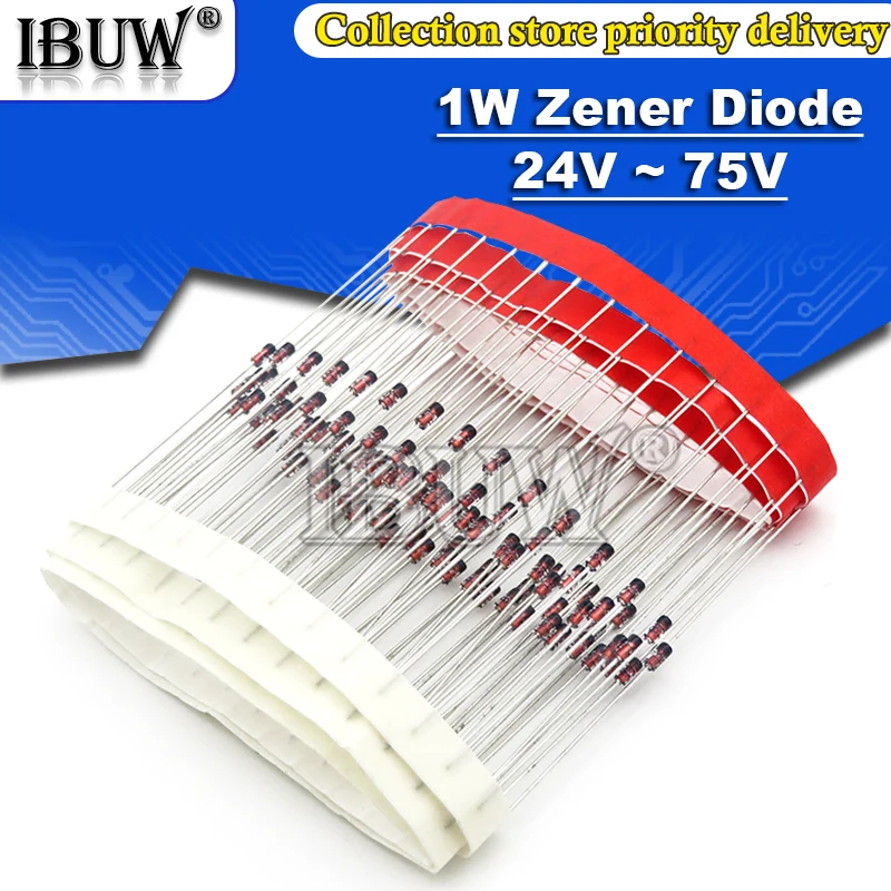 

100pcs 1W Zener diode DO-41 24V 27V 30V 33V 36V 39V 43V 47V 51V 75V 1N4753 1N4755 1N4756 1N4761