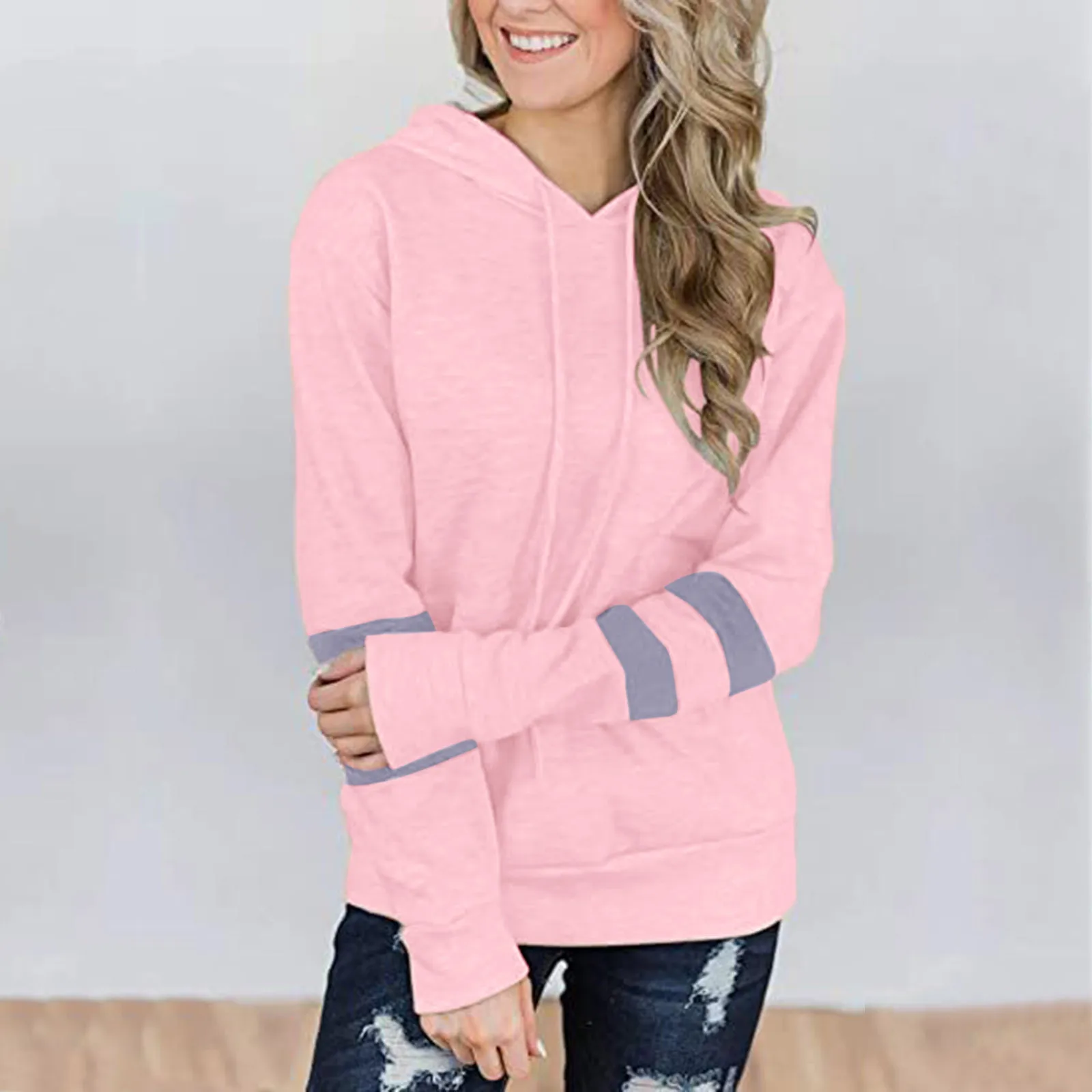 Hoodies Women Fashion Ladies Contrast Striped Hoodie Loose Pocket Long Sleeve Sweatshirt Streetwear Women Oversized Hoodies