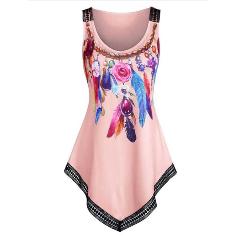 

T Shirt Women T Shirt 2021 Europe Feather Print Lace T-shirt Quality Spot Vintage Tops Women t-shirt