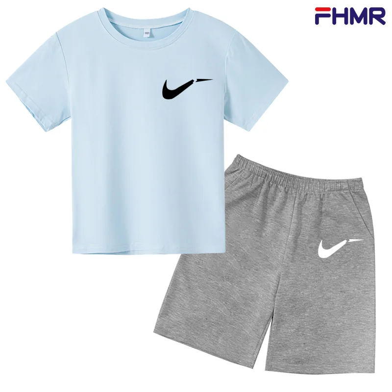 

Summer solid color boy T-shirt + shorts two-piece casual round neck short-sleeved shirt printing simple T-shirt