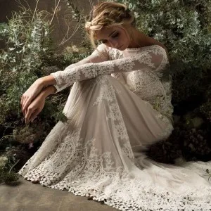 Бежевый Vestido De Noiva кружевное свадебное платье с длинным рукавом в стиле бохо, Элегантное свадебное платье с открытой спиной, винтажное свадебное платье - Цвет: Бежевый