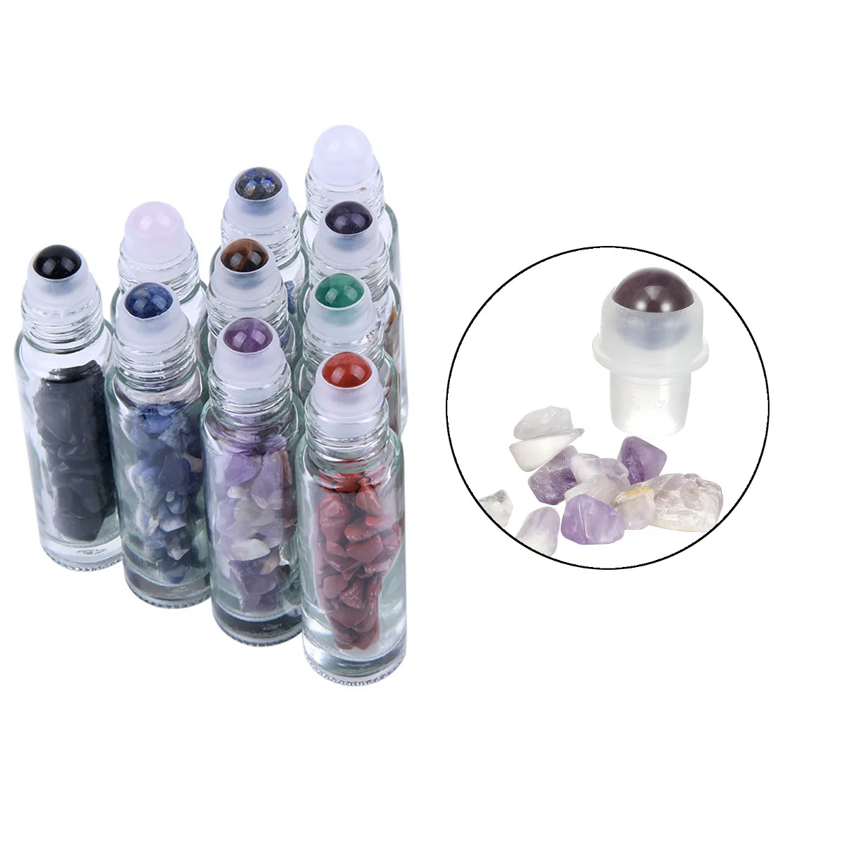 Wholesale Hot Sale Clear Glass Assorted Natural Crystal Gemstone Roller Bottles With Bamboo Lid For Essential Oil