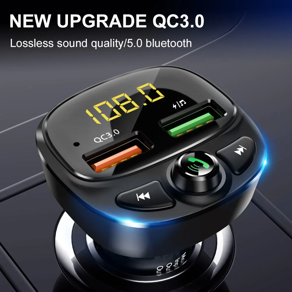 

FM Transmitter Car Bluetooth 5.0 Wireless MP3 Player 12-24V Audio Receiver Dual QC3.0 USB Fast Charging with Mic USB/TF Support