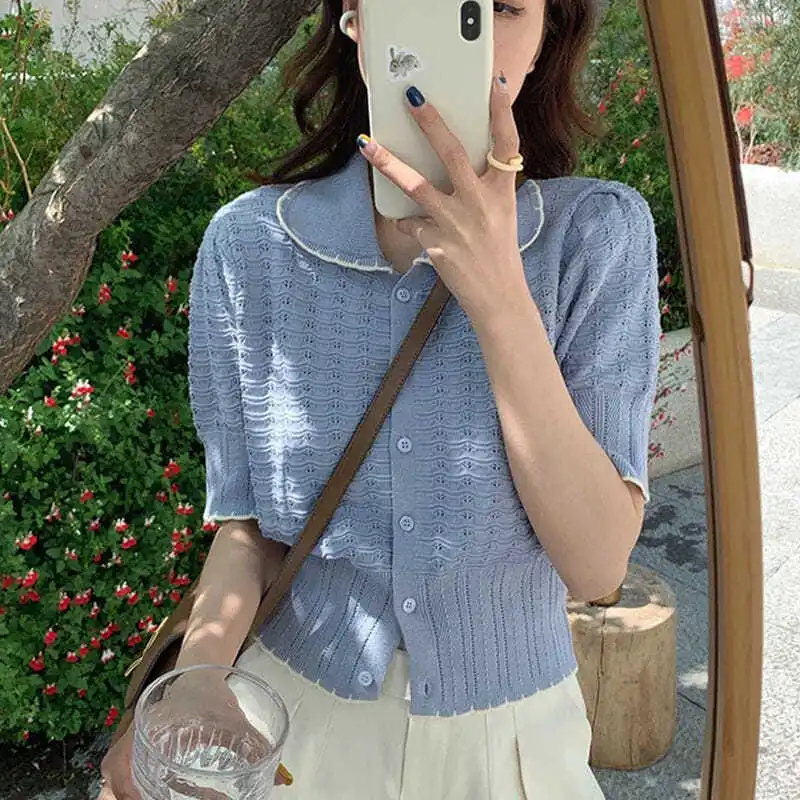 

2021 New Fashion Knitted T-shirt Women's Summer Fit Design Female Lapel Solid Color Short-sleeved Temperament Casual Slim Tops