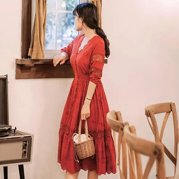 Элегантное красное платье в богемном стиле с вышивкой v-образный ворот 3/4 Фонари