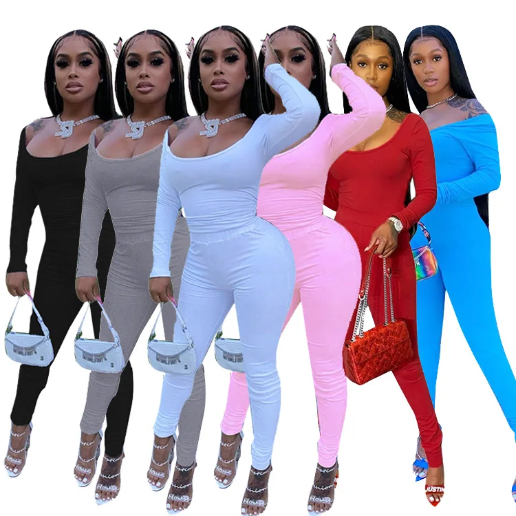 

2020 Two Peice Set for Women Solid Color Skinny Square High Strech Collar Casual Sexy Outfit Matching Set Wholesale Dropshipping