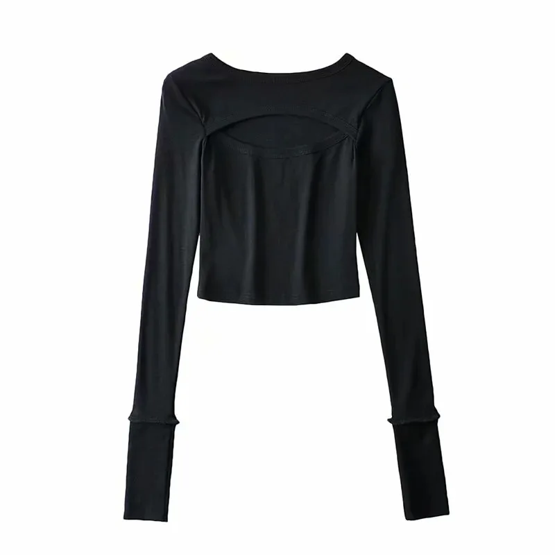 

TVVOVVIN O-neck Long-sleeve Short Tops 2021 Spring New Fake Two Piece Hollow Out Slim Black Elasticity T-shirt IQ1V