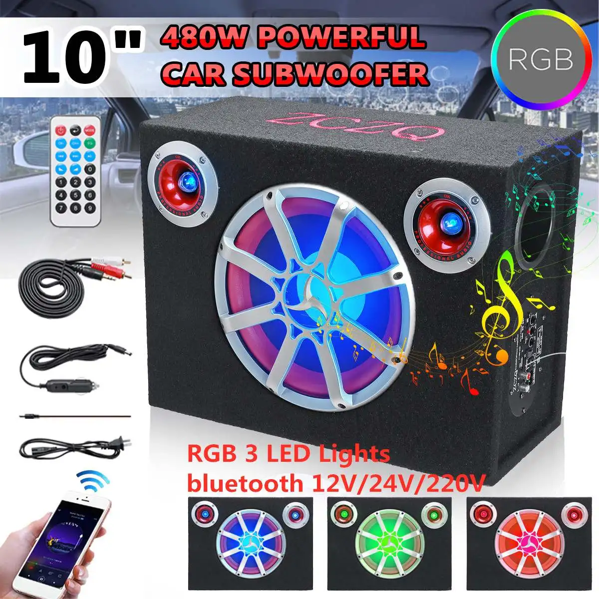 

10Inch Car Active Audio Subwoofer Speaker bluetooth 3 LED Lights Power Amplifier Car Stereo High Fidelity Car Audio Music Player