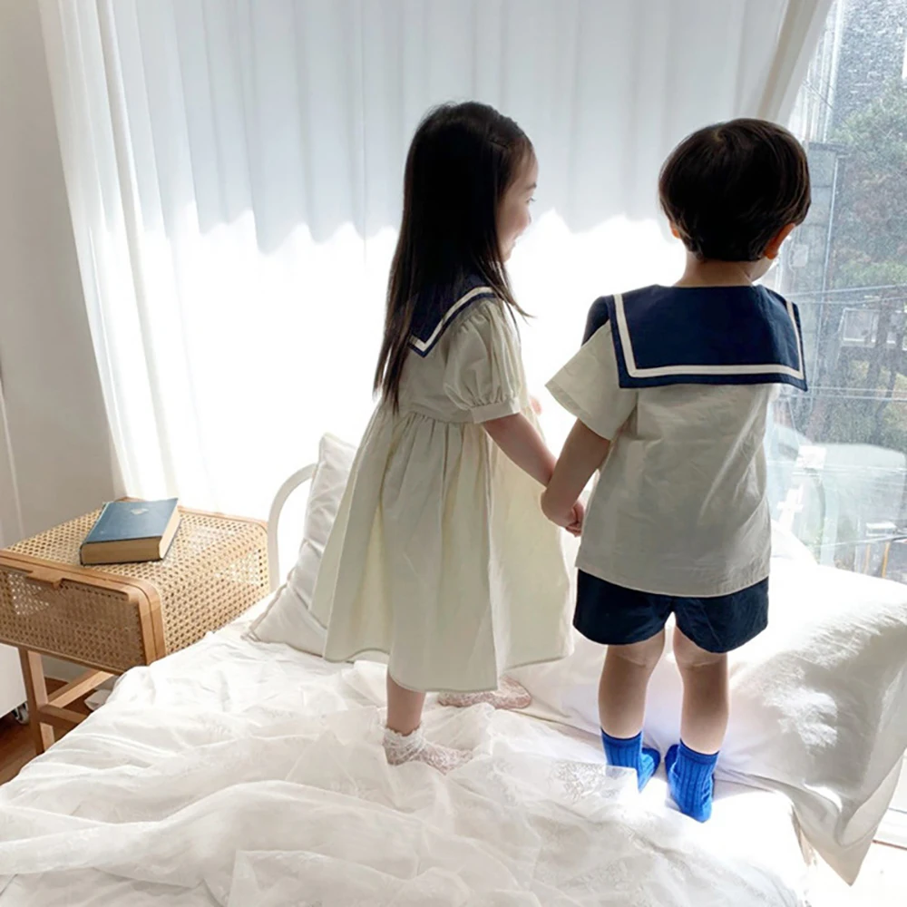 New Good Quality Factory Price Fashion Hot Selling Children's Navy Collar T-shirt Button Dress Shorts Set | Детская одежда и