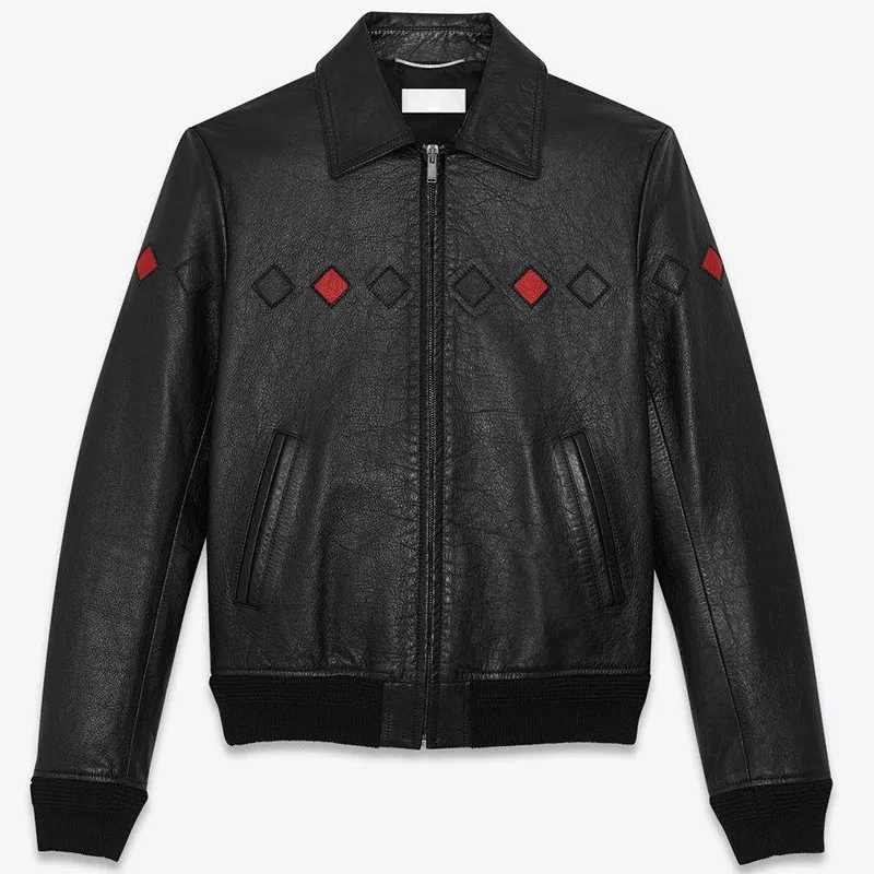 

High Quality Brand Mens Jacket Cowhide Genuine Leather Coat Fashion Argyle Loose Lapel Long Sleeve Outerwear Black Bomber Jacket
