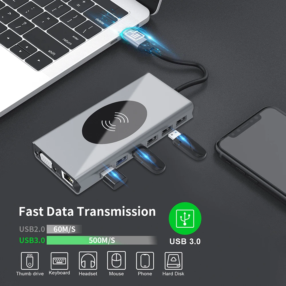 

BX15W 15 in1 Type C Hub 4K 1080P HDMI-Compatible + VGA Wireless USB Hub Support SD/TF for Android Phone Computer
