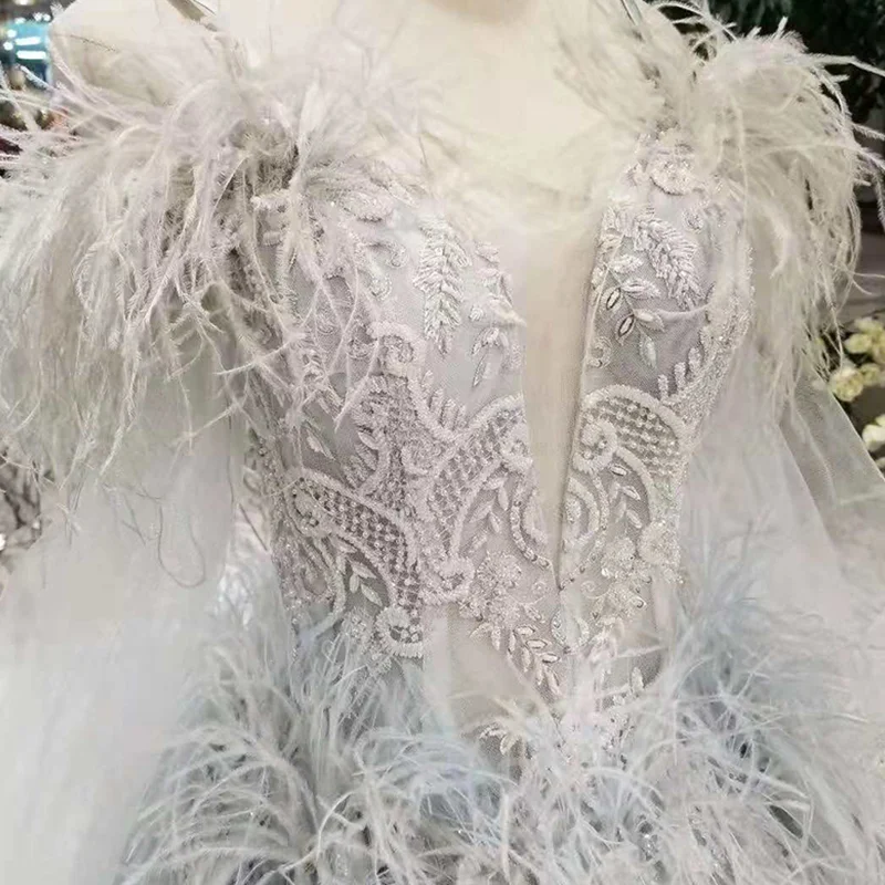 LSS324 серое вечернее платье с перьями страуса милое Пышное длинными рукавами