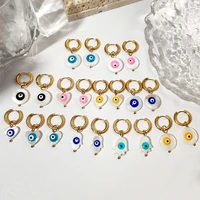 natural shell lucky turkish evil eye hoop earrings for women colorful round eye stainless steel circle earrings elegant jewelry