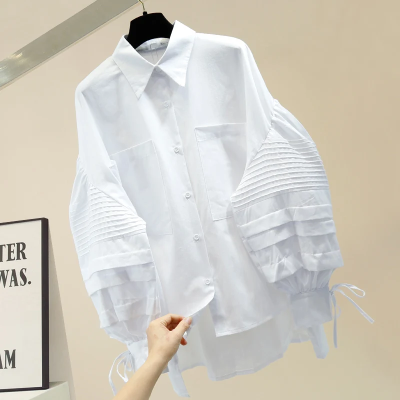 2021 Women Black Blouse Office Lantern Sleeve Front Short Back Long Big Pockets Wrinkle Loose White Shirt Women