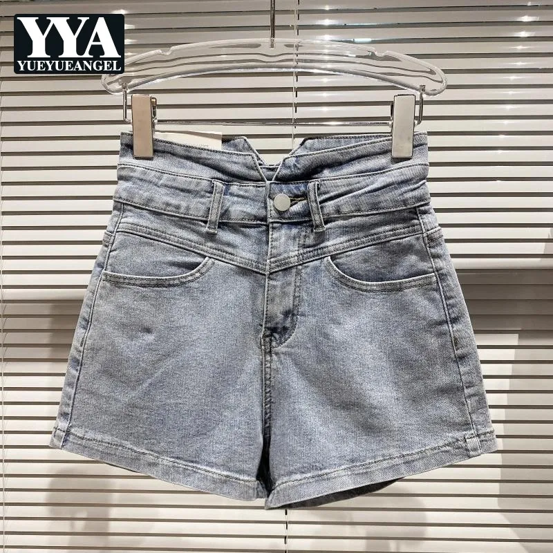 

Korean Style Womens High Waist Denim Shorts Fashion Pockets Zippers Wide-Waisted Stretch Slim Casual Irregular Wide Leg Shorts