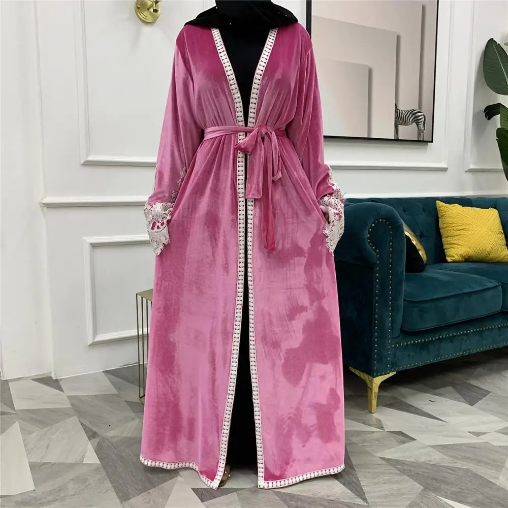 

Autumn Winter Velvet Kimono Open Front Abaya Muslim Women Lace Patchwork Turkey Dubai Abaya Long Cardigan Duster Hijab Dress