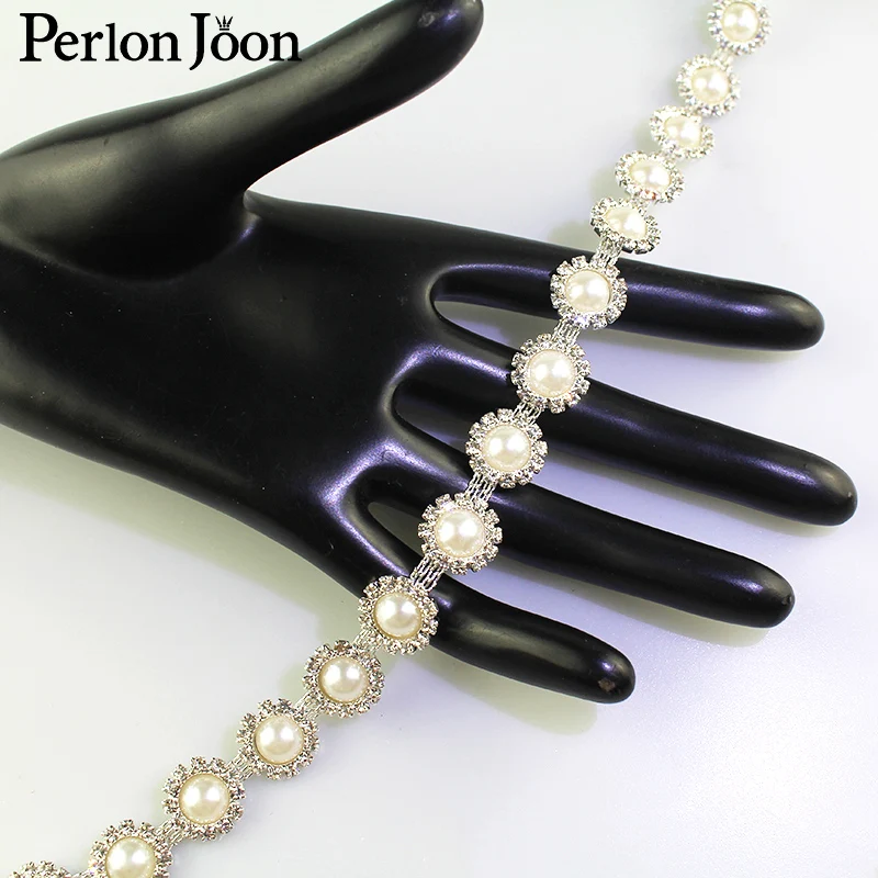 

1 yard Round white pearl rhinestone trim silver metal crystal surround pearl for bride Wedding dress belt accessories ML062