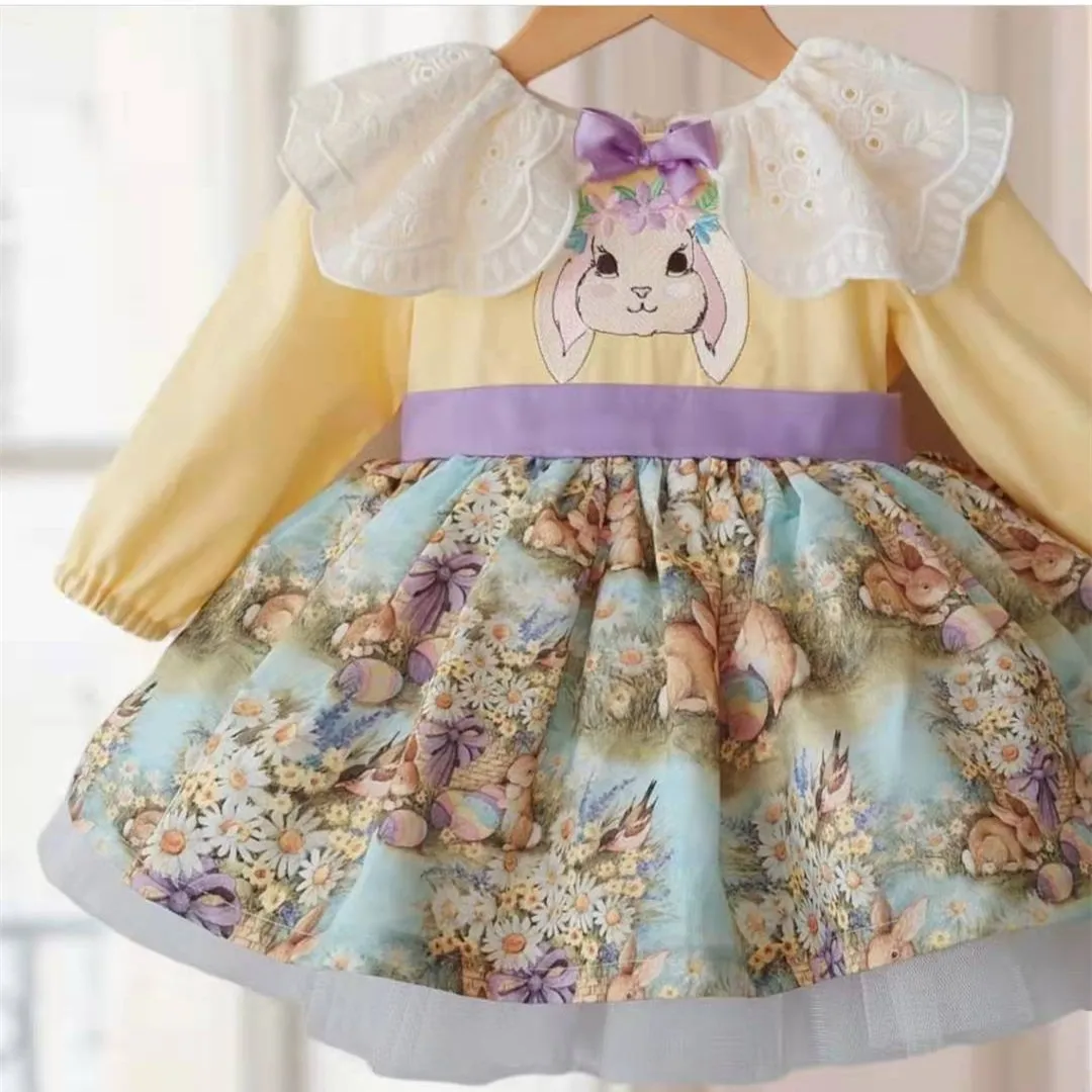 

Baby Girl Summer Spring Long Sleeve Yellow Rabbit Embroidery Princess Dress for Birthday Holiday