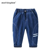 mudkingdom boys fleece denim pants autumn winter fashion casual elastic waist jeans for boys loose fit clothes 2 to 6 years