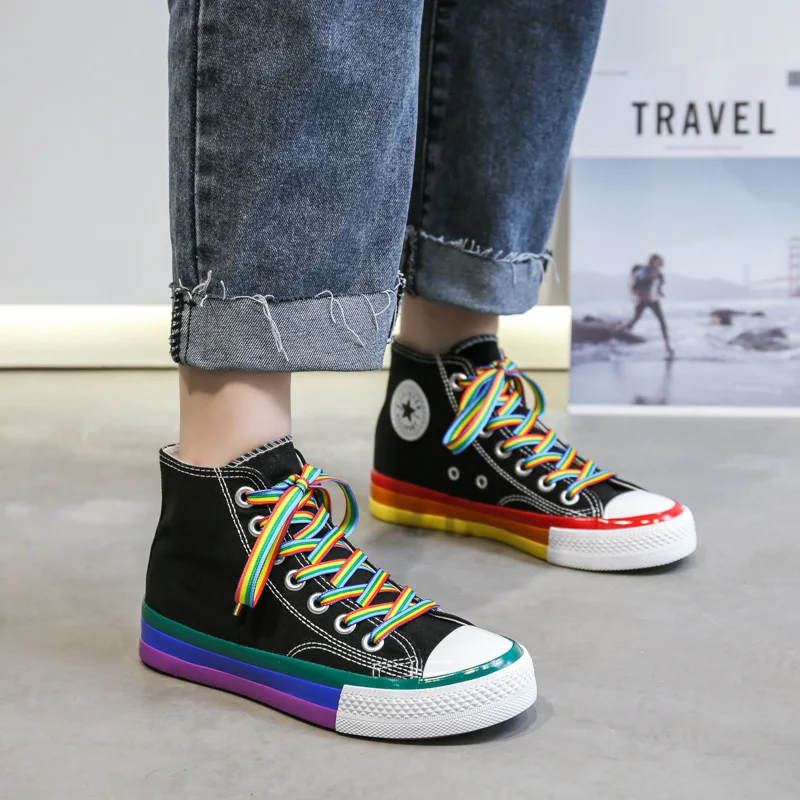 

2021 Rainbow Bottom Casual Shoes Woman High Top Sneakers Cavans 2020 Spring Female Casual Shoes White Canvas Sneakers Oman