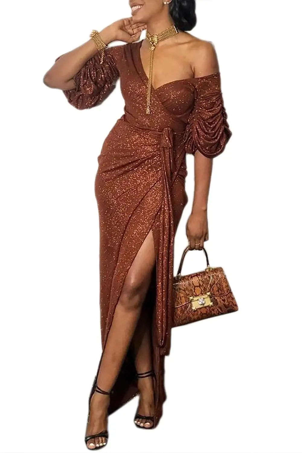 Платье женское длинное с V образным вырезом пикантное вечернее платье разрезом и