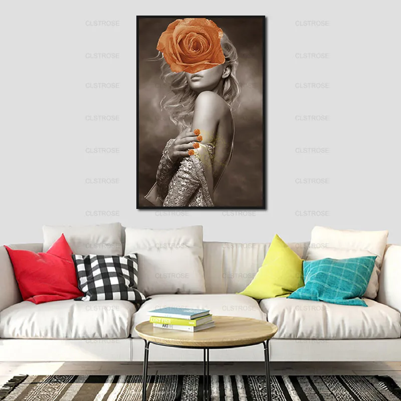 

Poster Blue Feathers and Blue Golden Flowers On Lady's Face Wall Art Canvas Painting Hd Prints Frameless Home Decoration