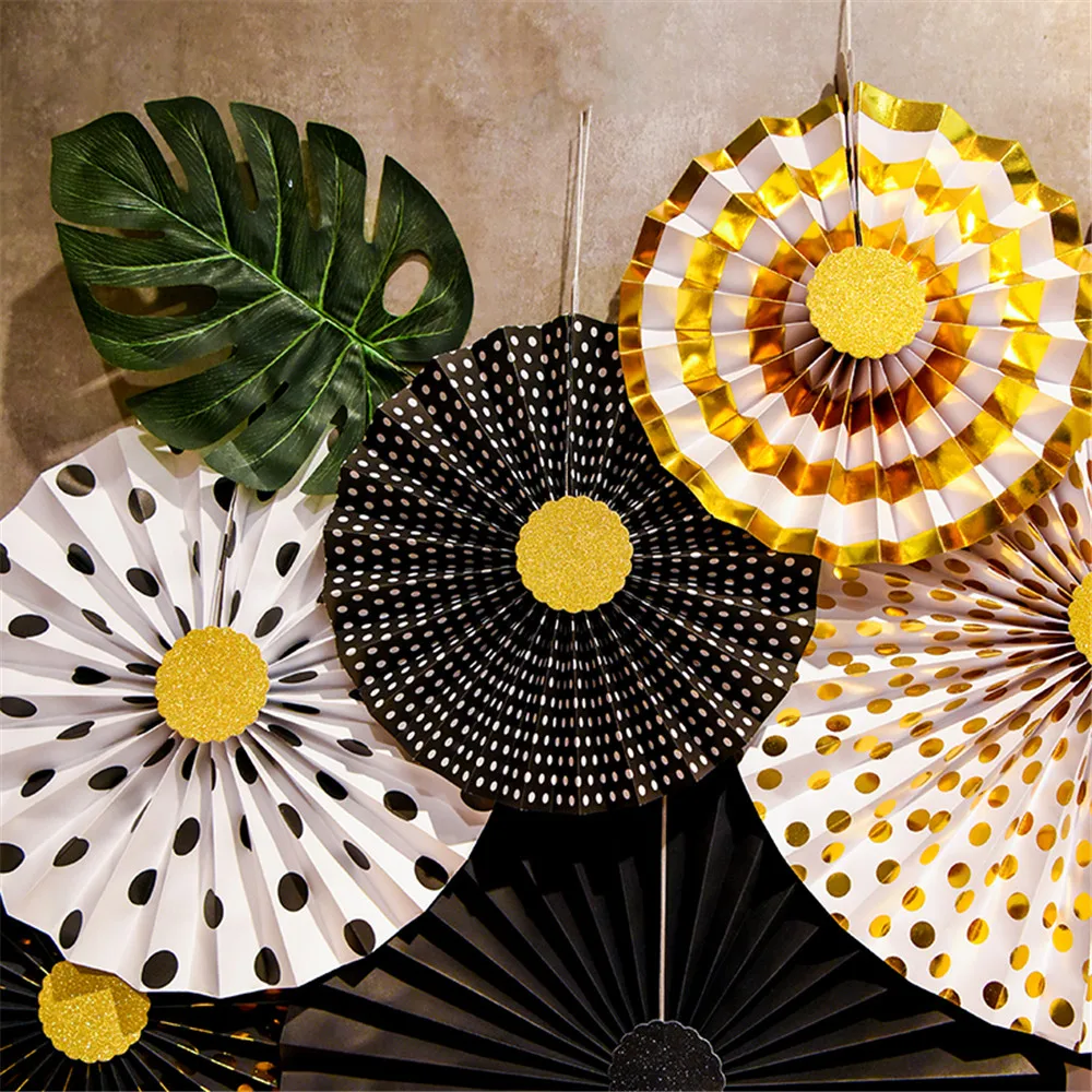 8pcs DIY Paper Crafts Paper Fans Black Goden Wedding Party Birthday Festival Decor Photo Backdrop Hanging Flower Paper Fan